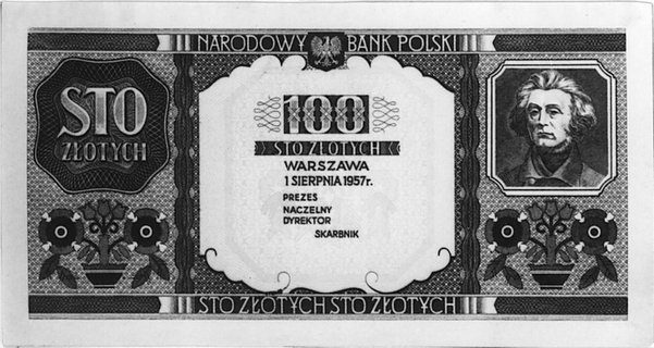 100 złotych 1.08.1957, banknot z wizerunkiem Mickiewicza- jednostronna próba druku koloru banknotu, który niezostał wprowadzony do obiegu, nigdy nie był w handlu, UNIKAT