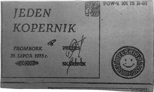 pół kopernika, jeden kopernik, pięć koperników i dziesięć koperników, Frombork 28.07.1973, banknoty zastępcze dlaharcerzy wydane w czasie obchodów rocznicy urodzin Kopernika
