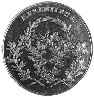 medal sygnowany IPH wybity na zlecenie króla Stanisława Augusta Poniatowskiego nadawany od 1766 r., ludziomnauki, wynalazcom i zasłużonym w różnych dziedzinach wiedzy, Aw: Głowa króla i napis, Rw: Splecione gałązki:dębowa, oliwna, laurowa i napis: MERENTIBUS, Racz.497, H-Cz.3381 R5, złoto 40.0 mm, 38.54 g., jedenz ładniejszych medali Holzhaeussera, bardzo rzadki na rynku