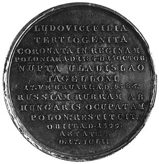 medal Holzhaeussera ze świty królewskiej- Jadwiga, Aw: Popiersie królowej i napis, Rw: Napis, Racz.601, H-Cz.3423R3, srebro 45.0 mm. 41,11 g., ładny stan zachowania