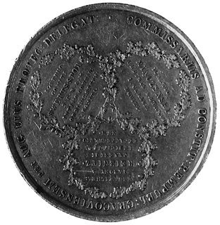 medal sygnowany X. STUCKHART F, wybity w 1818 r., dedykowany trzem komisarzom Wolnego Miasta Krakowa,Aw: Herb Krakowa i napis, Rw: Trzy wieńce z nazwiskami i tytułami komisarzy oraz napis, H-Cz.3251 Rl, srebro63.5 mm, 99.48 g.