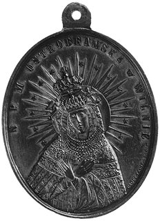medal owalny z uszkiem b.d., sygnowany CAQUE FECIT A PARIS (medalier francuski). Aw: Matka BoskaOstrobramska i napis, Rw: Święty Józef z Dzieciątkiem i napis, Rewol.649 R4, mosiądz 37.5 x 51,4 mm, 29.74 g.