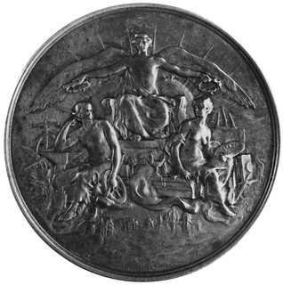 medal autorstwa Henri Eugene Nocq’a (medalier paryski), wybity w 1894 r. z okazji Powszechnej Wystawy weLwowie, Aw: Scena alegoryczna gloryfikująca pracę, Rw: Gałązka palmowa i napis: POWSZECHNA WYSTAWAKRAJOWA 1894, srebro 63.0 mm, 84.73 g., ładna stara patyna, na rancie maleńka punca A w kole