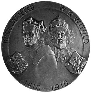 medal sygnowany K. CZAPLICKI, wybity w Krakowie w 1910 r. z okazji 500 rocznicy bitwy pod Grunwaldem, Aw:Popiersie Jagiełły, Witolda i napis, Strzałk.454, srebro 50.0 mm, 39.78 g.
