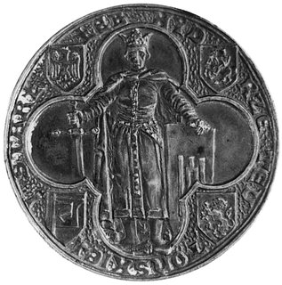 medal projektu Jana Raszki wybity w 1910 r. z okazji 500 rocznicy bitwy pod Grunwaldem, Aw: W czterołukowymobramowaniu postać króla Władysława Jagiełły
