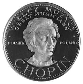 medal nie sygnowany z serii: Wielcy Muzycy, Aw: Popiersie Chopina i napisy, Rw: Postać Euterpe (patronka muzyki)i napis grecki, złoto 20.8 mm, 5.98 g.