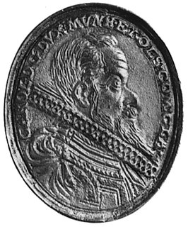 medal nie sygnowany b.d. lany, Aw: Popiersie Karola II (1549-1617) księcia ziębicko-oleśnickiego i napis,Rw: Popiersie Elżbiety, żony Karola II i napis, FbSg.2147 (podobny, różnice w wymiarach i szczegółach rysunku),srebro 26.8 x 30.8 mm, 7.15 g.