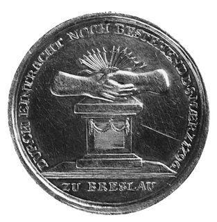 medal nie sygnowany wybity w 1796 r. we Wrocławiu w setną rocznicę założenia Towarzystwa Dwunastek, Aw: Palmaz emblematami i napisy, Rw: Ołtarz i dwie dłonie w uścisku i napisy, FbSg.4569, srebro 35.8 g., 14.51 g.