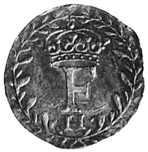 żeton koronacyjny Ferdynanda II z okazji koronacji na króla Czech w 1617 r., Aw: Ukoronowany monogram królewskiw wieńcu, Rw: Napis w wieńcu, srebro 18.0 mm, 0.86 g.