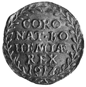 żeton koronacyjny Ferdynanda II z okazji koronacji na króla Czech w 1617 r., Aw: Ukoronowany monogram królewskiw wieńcu, Rw: Napis w wieńcu, srebro 18.0 mm, 0.86 g.