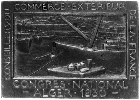 plakieta dwustronna w formie obrazu w ramkach, wybita w 1930 r. z okazji Kongresu Narodowego w Algerze, Aw:Widok portu w Algerze i napisy, Rw: Widok portu w Algerze z roku 1830, brąz 58.0 x 42.0 mm, 76.67 g., ładna patyna