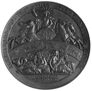 medal sygnowany BRANDT F (medalier szwajcarski działający we Francji i w Niemczech), wybity w 1828 r.,poświęcony prof. Aleksandrowi Humboldtowi, Aw: Popiersie Humboldta i napis, Rw: Bóg Słońca Febus na rydwanie,niżej znaki zodiaku