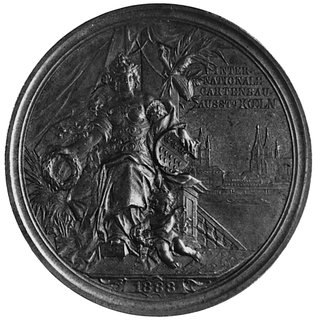 medal nie sygnowany wybity w 1888 r. z okazji międzynarodowej wystawy ogrodniczej w Kolonii, Aw: Widokterenów wystawowych, powyżej tarcze herbowe, poniżej pęki owoców