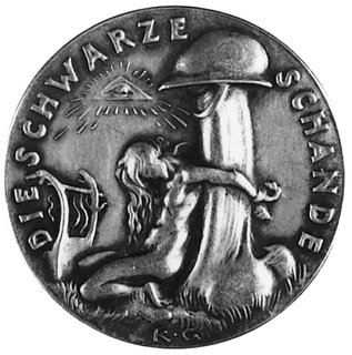 medal satyryczny sygnowany KG (Karl Goetz) wybity w 1920 r. po zajęciu Zagłębia Saary przez wojska francuskie,Aw: Głowa murzyna w mundurze francuskim, Rw: Naga kobieta przedstawiająca Germanię przywiązana do członkamęskiego w hełmie francuskim, u góry Oko Opatrzności i napis, na rancie napis: FEINSILBER, srebro 36.0 mm, 19.49g., w pudełku