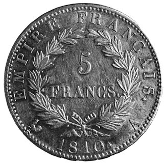 5 franków 1810, Paryż, Aw: Głowa, w otoku napis, Rw: W wieńcu nominał, niżej data i znaki mennicze, Gad.584, rysaza głową