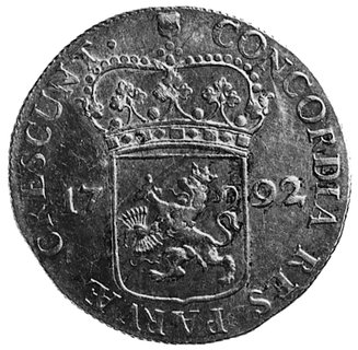 talar 1792, Utrecht, Aw: Rycerz z mieczem i tarczą herbową, w otoku napis, Rw: Tarcza herbowa, data, w otoku napis,Delm.982