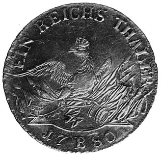 talar 1780, Wrocław, Aw: Głowa króla, w otoku napis, Rw: Orzeł pruski na trofeach wojennych, Schr.483