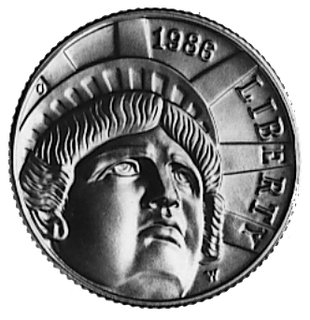 5 dolarów 1986, Aw: Głowa Statui Wolności, Rw: Orzeł, w otoku napisy, złoto
