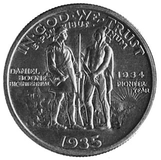 1/2 dolara 1935, Aw: Popiersie Daniela Boone’a, Rw: Daniel Boone obok wodza Czarna Ryba, moneta wybita na200-lecie urodzin słynnego trapera