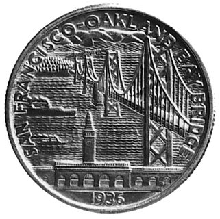 1/2 dolara 1936, Aw: Grizzli, Rw: Most w San Francisco, moneta wybita z okazji otwarcia mostu Bay Bridge łączącegoSan Francisco z Oakland