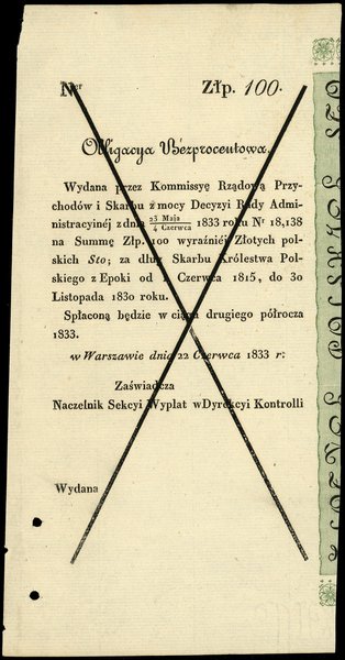 Cztery skasowane grzbiety do obligacji bezprocentowej Pożyczki Krótkoterminowej, nominały: 50, 100, 200 i 500 złotych, 1833