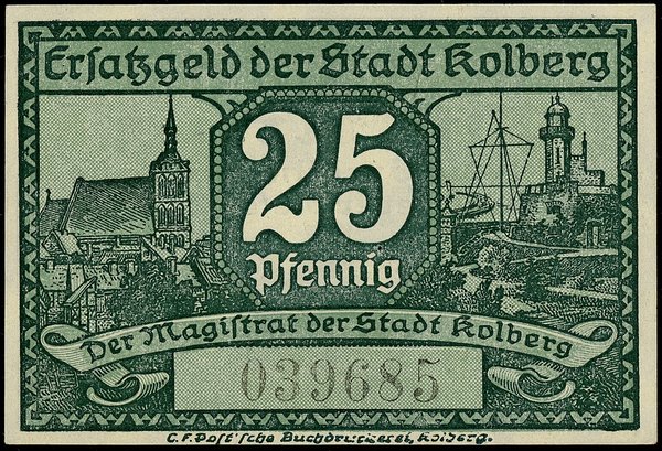 Matryca mosiężna na klocku dębowym do strony przedniej banknotu o nominale 25 fenigów z Kołobrzegu, 1.03.1917