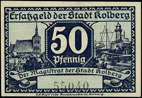 Matryca mosiężna na klocku dębowym do strony przedniej banknotu o nominale 25 fenigów z Kołobrzegu, 1.03.1917