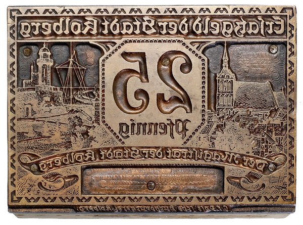 Matryca mosiężna na klocku dębowym do strony przedniej banknotu o nominale 25 fenigów z Kołobrzegu, 1.03.1917