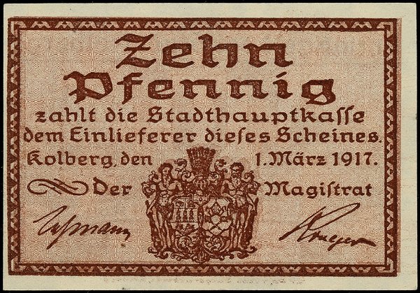 Matryca mosiężna na klocku dębowym do strony przedniej banknotu o nominale 25 fenigów z Kołobrzegu, 1.03.1917