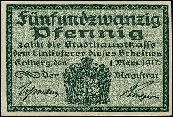 Matryca mosiężna na klocku dębowym do strony przedniej banknotu o nominale 25 fenigów z Kołobrzegu, 1.03.1917