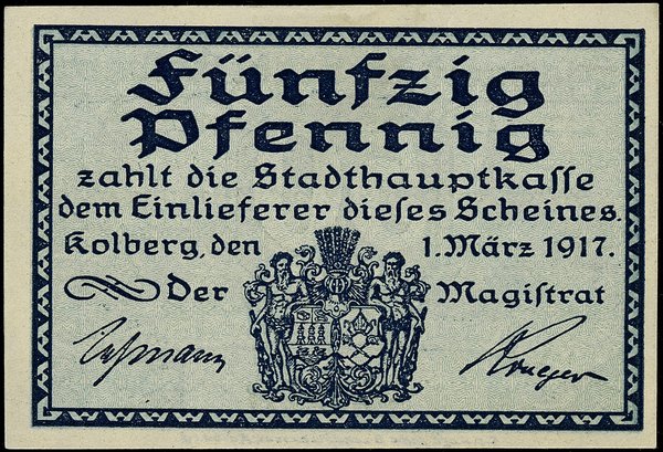 Matryca mosiężna na klocku dębowym do strony przedniej banknotu o nominale 25 fenigów z Kołobrzegu, 1.03.1917