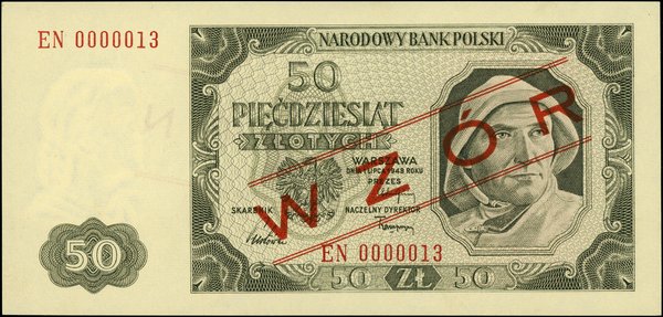 50 złotych, 1.07.1948, seria EN, numeracja 0000013, czerwone ukośne WZÓR / SPECIMEN (wzór Jaroszewicza) – bardzo ciekawy i rzadki typ z nadrukami analogicznymi do nadruków stosowanych w drugiej połowie lat siedemdziesiątych w banknotach „małego PRL-u”