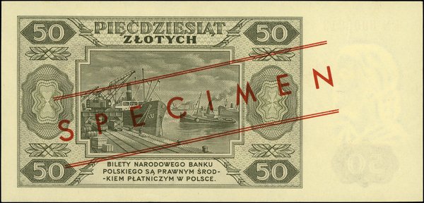 50 złotych, 1.07.1948, seria EN, numeracja 0000013, czerwone ukośne WZÓR / SPECIMEN (wzór Jaroszewicza) – bardzo ciekawy i rzadki typ z nadrukami analogicznymi do nadruków stosowanych w drugiej połowie lat siedemdziesiątych w banknotach „małego PRL-u”