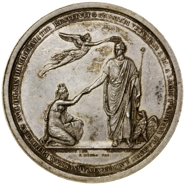 Medal upamiętniający odbudowę Gniezna po pożarze z 1819 roku, 1823, Berlin, projektował Tadeusz Wolański, wykonał Friedrich Anton König, medal wybity w zakładzie Gottfrieda Loosa