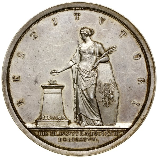 Medal upamiętniający odbudowę Gniezna po pożarze z 1819 roku, 1823, Berlin, projektował Tadeusz Wolański, wykonał Friedrich Anton König, medal wybity w zakładzie Gottfrieda Loosa