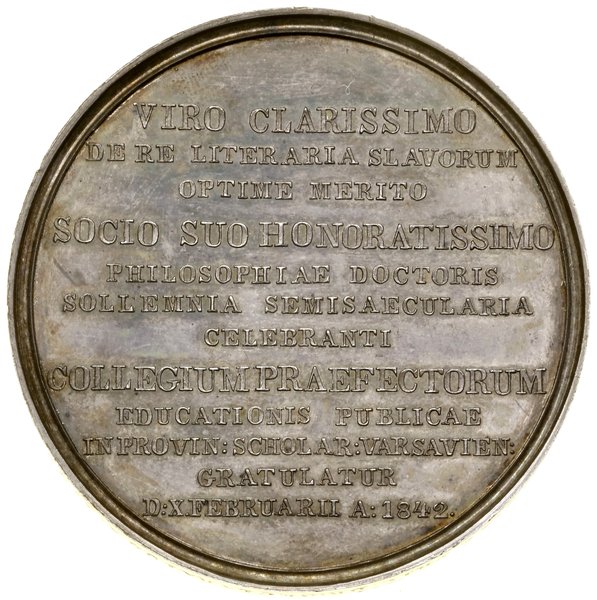 Medal wybity w uznaniu zasług Samuela Bogumiła Lindego, 1842, Warszawa, projektował Józef Majnert