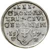 Trojak, 1557, Gdańsk; popiersie króla bez obwódki, legenda awersu zakończona lilijką, z lilijkami ..