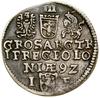Trojak, 1592, Olkusz; herb Lewart w prostej tarczy, skrócona data na końcu trzeciego wiersza rewer..