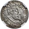 Trojak, 1600, Olkusz; głowa króla z kołnierzem, w legendzie awersu POLON, odmiana z literami IF-I ..