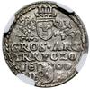 Trojak, 1600, Olkusz; głowa króla z kołnierzem, w legendzie awersu POLON, odmiana z literami IF-I ..