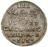 Trojak, 1589, Wilno; odmiana z herbem Korczak (Maciej Wojna, podskarbi) pod popiersiem króla, końc..