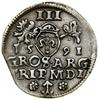 Trojak, 1591, Wilno; u dołu rewersu herb Chalecki, po którego bokach rozety; Iger V.91.3.a, Ivanau..