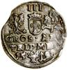 Trojak, 1598, Wilno; mniejsze popiersie władcy z rurkowatą kryzą, na rewersie u dołu głowa wołu i ..