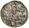 Trojak, 1598, Wilno; większe popiersie władcy z rurkowatą kryzą, na rewersie u dołu głowa wołu i h..