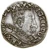 Trojak, 1598, Wilno; większe popiersie władcy z rurkowatą kryzą, na rewersie u dołu głowa wołu i h..