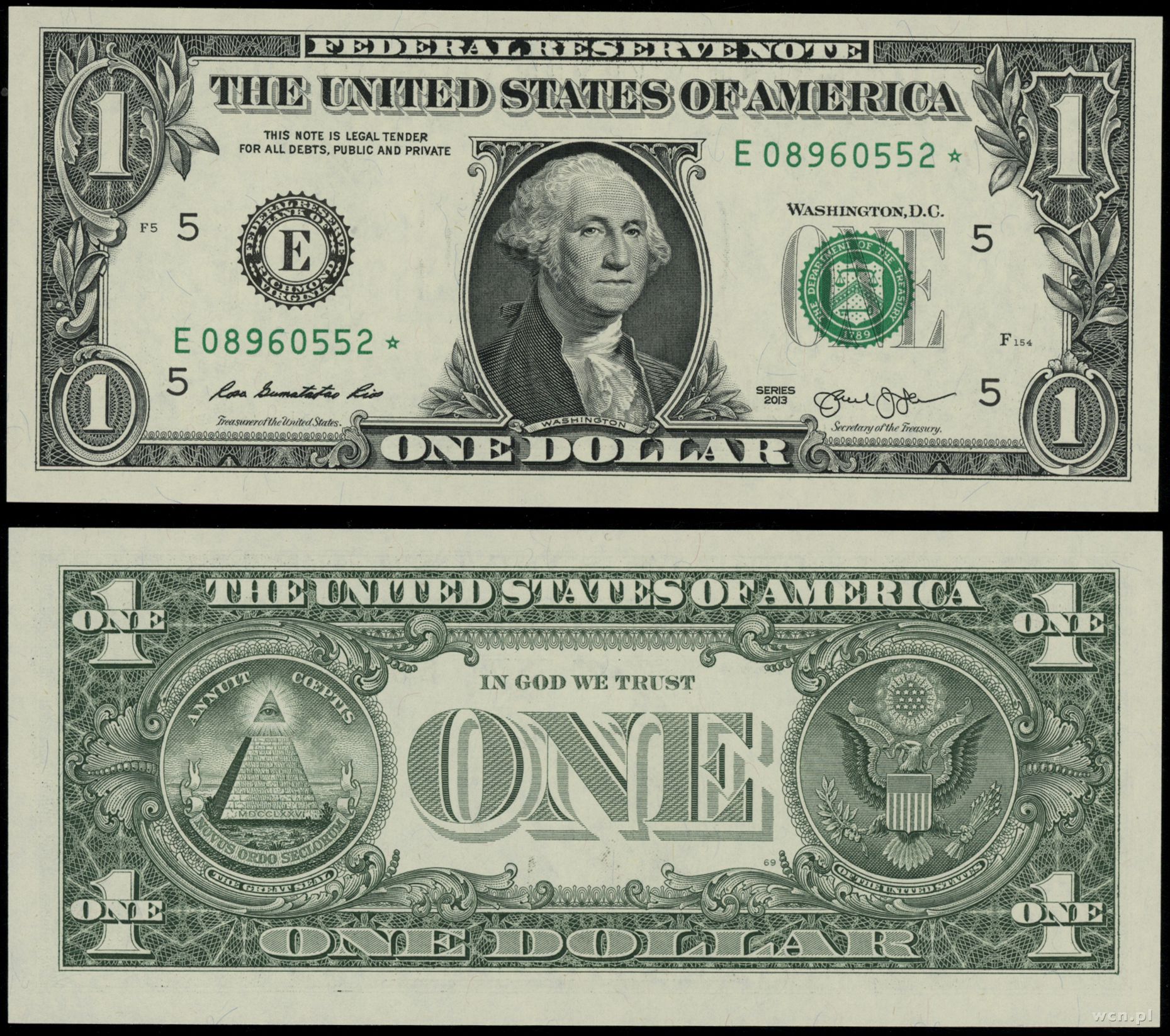 1 dolar, 2013, seria E08960552*, seria zastępcza z gwiazdką, Stany  Zjednoczone Ameryki (USA) - E-aukcja - Warszawskie Centrum Numizmatyczne