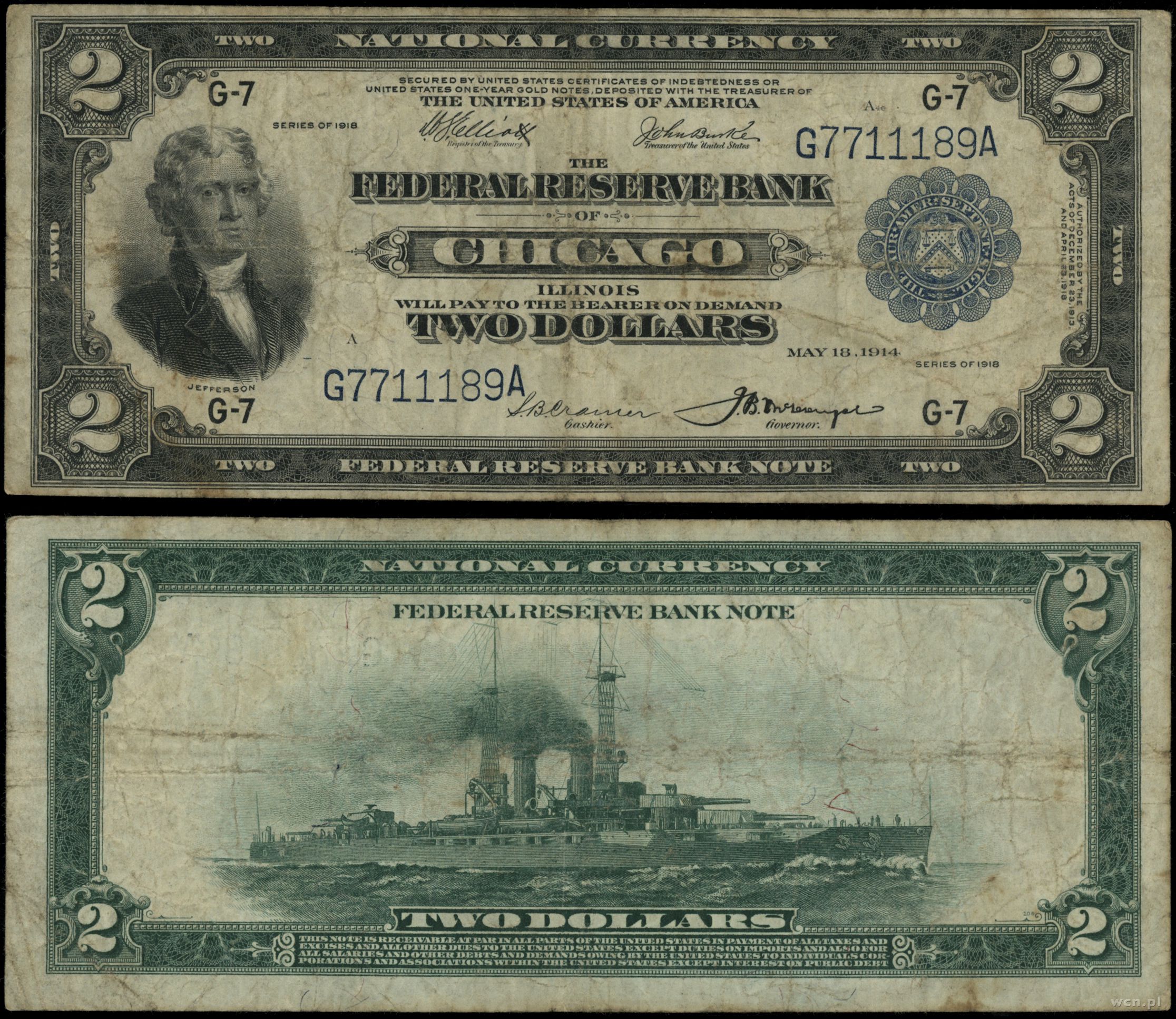 Двухдолларовая купюра. 1918 $5,000 Federal Reserve Note. Старинные купюры. Два доллара США. 2к купюра.
