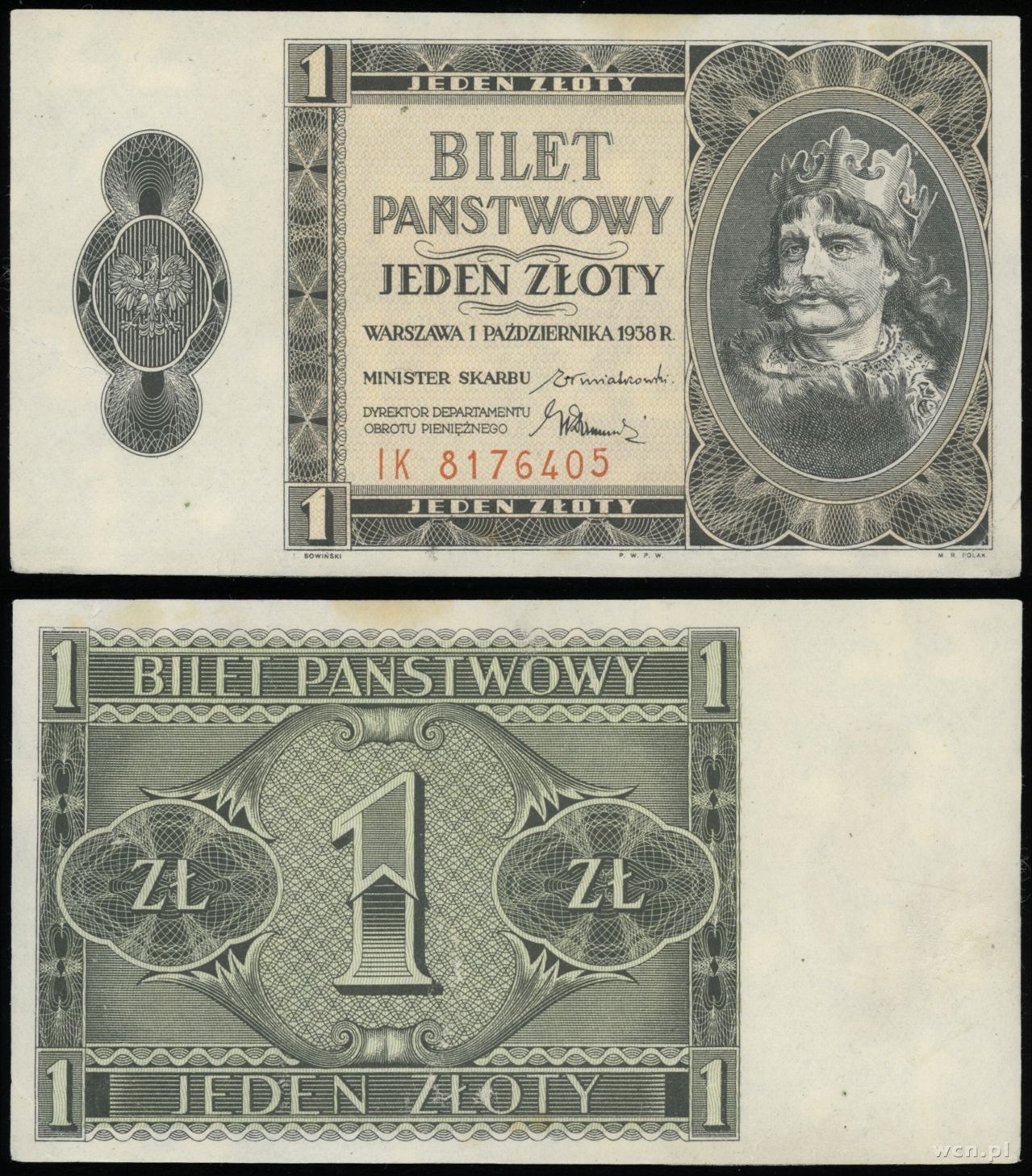 1 złoty 1.10.1938, seria IK, numeracja 8176405, 