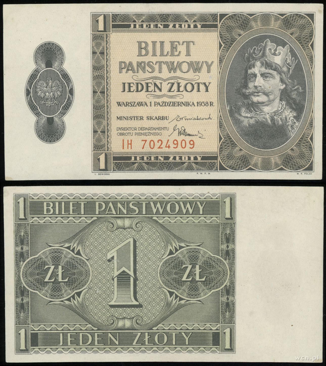 1 złoty 1.10.1938, seria IH, numeracja 7024909, 