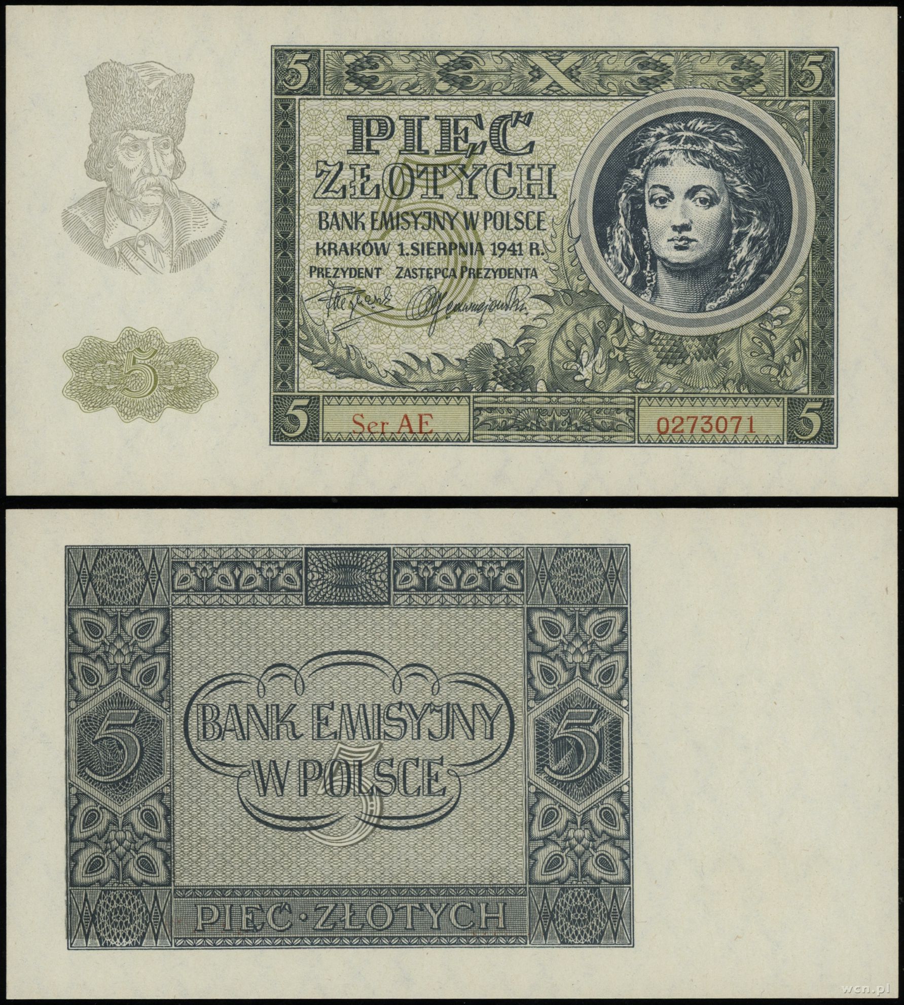 5 złotych 1.08.1941, seria AE, numeracja 0273071